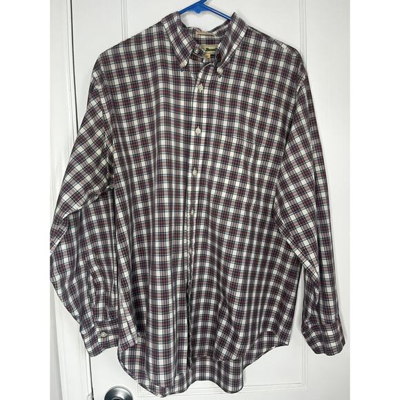 Vintage 90s LL Bean Men’s White Red Blue Tartan Plaid Button Down Shirt 16.5 Med - Picture 1 of 7